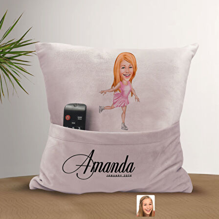 BK Gift Kişiye Özel Buz Pateni Karikatür Tasarımlı Organizer Kumanda ve Atıştırmalık Cepli Pembe Kır