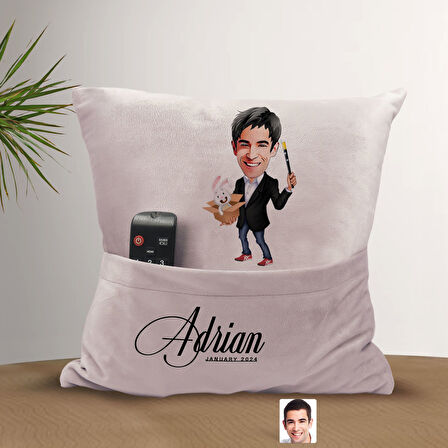 BK Gift Kişiye Özel Sihirbaz Karikatür Tasarımlı Organizer Kumanda ve Atıştırmalık Cepli Pembe Kırle