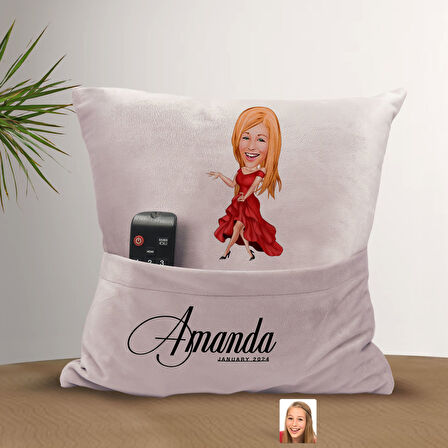 BK Gift Kişiye Özel Manken Karikatür Tasarımlı Organizer Kumanda ve Atıştırmalık Cepli Pembe Kırlent