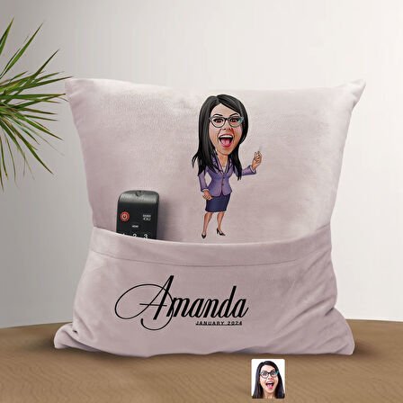 BK Gift Kişiye Özel Öğretmen Karikatür Tasarımlı Organizer Kumanda ve Atıştırmalık Cepli Pembe Kırle