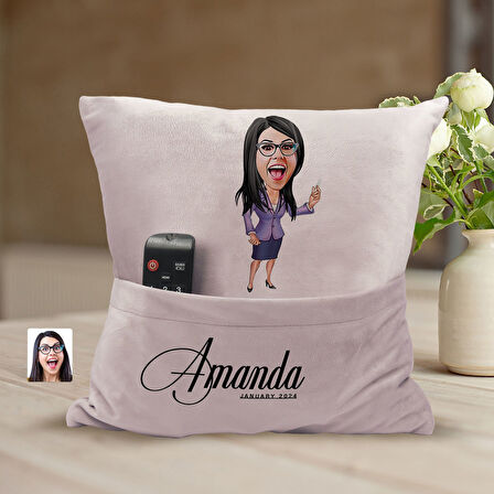 BK Gift Kişiye Özel Öğretmen Karikatür Tasarımlı Organizer Kumanda ve Atıştırmalık Cepli Pembe Kırle