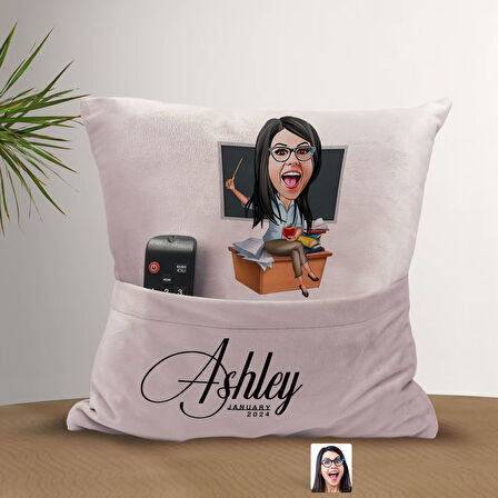 BK Gift Kişiye Özel Öğretmen Karikatür Tasarımlı Organizer Kumanda ve Atıştırmalık Cepli Pembe Kırle