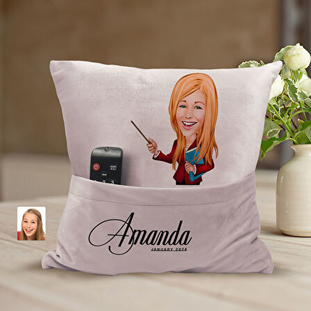 BK Gift Kişiye Özel Öğretmen Karikatür Tasarımlı Organizer Kumanda ve Atıştırmalık Cepli Pembe Kırle