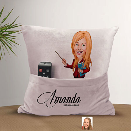BK Gift Kişiye Özel Öğretmen Karikatür Tasarımlı Organizer Kumanda ve Atıştırmalık Cepli Pembe Kırle