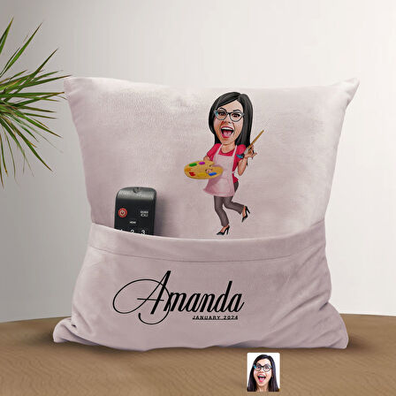 BK Gift Kişiye Özel Ressam Karikatür Tasarımlı Organizer Kumanda ve Atıştırmalık Cepli Pembe Kırlent