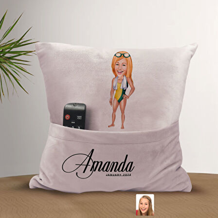 BK Gift Kişiye Özel Yüzücü Karikatür Tasarımlı Organizer Kumanda ve Atıştırmalık Cepli Pembe Kırlent