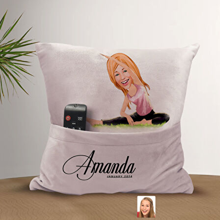 BK Gift Kişiye Özel Yoga Karikatür Tasarımlı Organizer Kumanda ve Atıştırmalık Cepli Pembe Kırlent Y