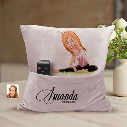 BK Gift Kişiye Özel Yoga Karikatür Tasarımlı Organizer Kumanda ve Atıştırmalık Cepli Pembe Kırlent Y