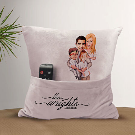 BK Gift Kişiye Özel Aile Karikatür Tasarımlı Organizer Kumanda ve Atıştırmalık Cepli Pembe Kırlent Y