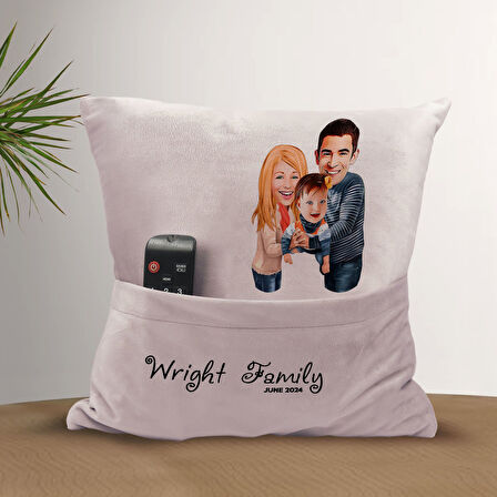 BK Gift Kişiye Özel Aile Karikatür Tasarımlı Organizer Kumanda ve Atıştırmalık Cepli Pembe Kırlent Y