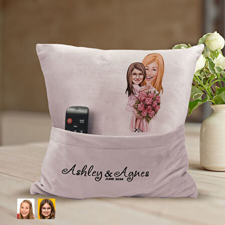 BK Gift Kişiye Özel Anne Kız Karikatür Tasarımlı Organizer Kumanda ve Atıştırmalık Cepli Pembe Kırle