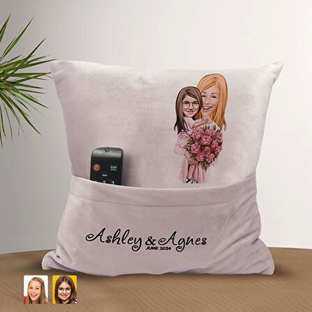 BK Gift Kişiye Özel Anne Kız Karikatür Tasarımlı Organizer Kumanda ve Atıştırmalık Cepli Pembe Kırle