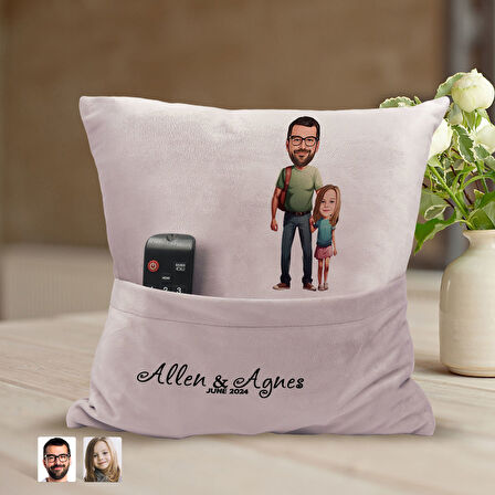 BK Gift Kişiye Özel Baba Kız Karikatür Tasarımlı Organizer Kumanda ve Atıştırmalık Cepli Pembe Kırle