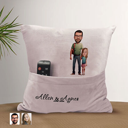 BK Gift Kişiye Özel Baba Kız Karikatür Tasarımlı Organizer Kumanda ve Atıştırmalık Cepli Pembe Kırle