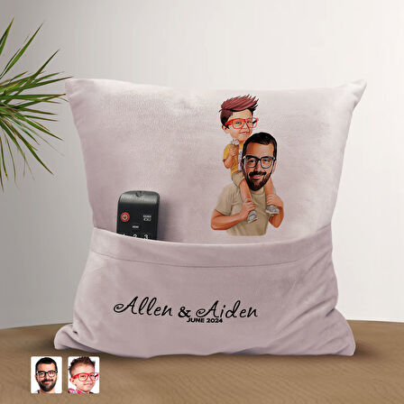 BK Gift Kişiye Özel Baba Oğul Karikatür Tasarımlı Organizer Kumanda ve Atıştırmalık Cepli Pembe Kırl