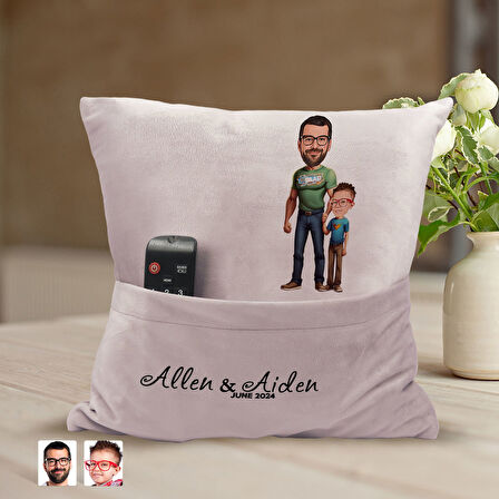 BK Gift Kişiye Özel Baba Oğul Karikatür Tasarımlı Organizer Kumanda ve Atıştırmalık Cepli Pembe Kırl