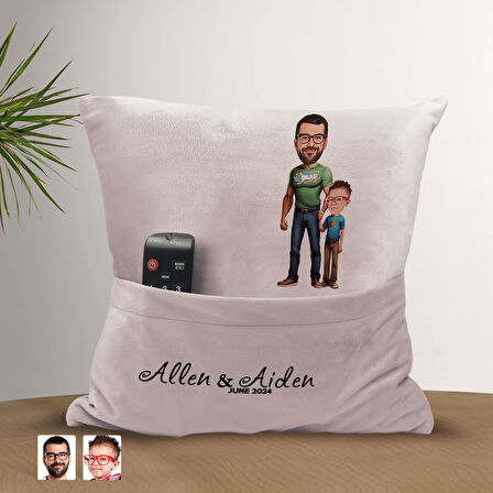 BK Gift Kişiye Özel Baba Oğul Karikatür Tasarımlı Organizer Kumanda ve Atıştırmalık Cepli Pembe Kırl