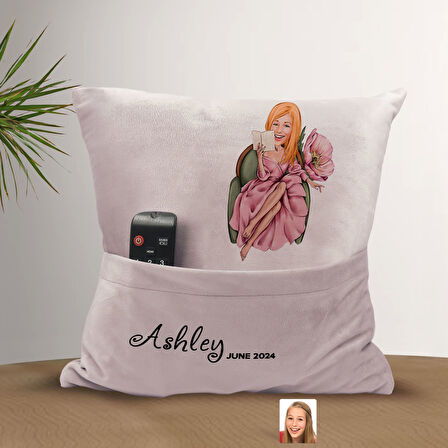 BK Gift Kişiye Özel Kadın Karikatür Tasarımlı Organizer Kumanda ve Atıştırmalık Cepli Pembe Kırlent 