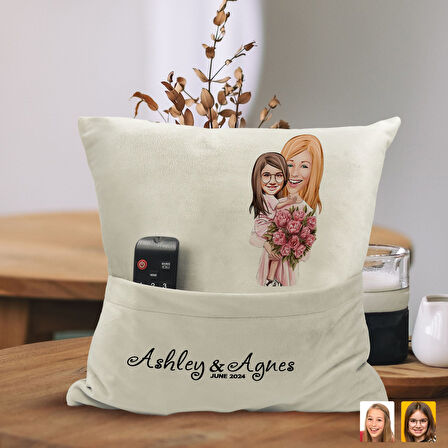 BK Gift Kişiye Özel Anne Kız Karikatür Tasarımlı Organizer Kumanda ve Atıştırmalık Cepli Sarı Kırlen