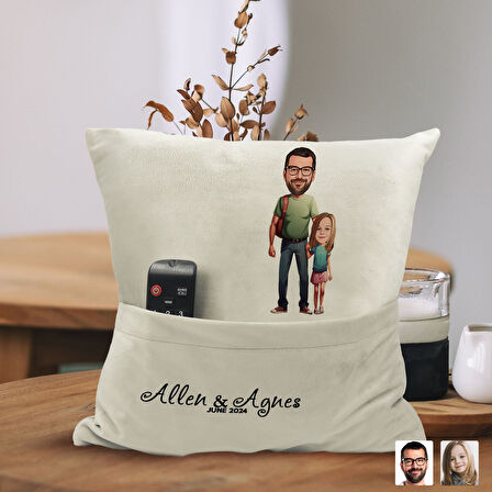 BK Gift Kişiye Özel Baba Kız Karikatür Tasarımlı Organizer Kumanda ve Atıştırmalık Cepli Sarı Kırlen