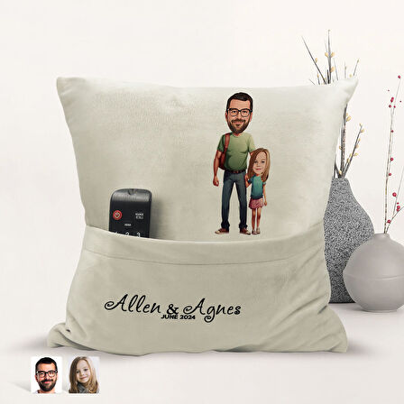 BK Gift Kişiye Özel Baba Kız Karikatür Tasarımlı Organizer Kumanda ve Atıştırmalık Cepli Sarı Kırlen