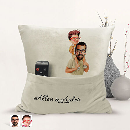 BK Gift Kişiye Özel Baba Oğul Karikatür Tasarımlı Organizer Kumanda ve Atıştırmalık Cepli Sarı Kırle