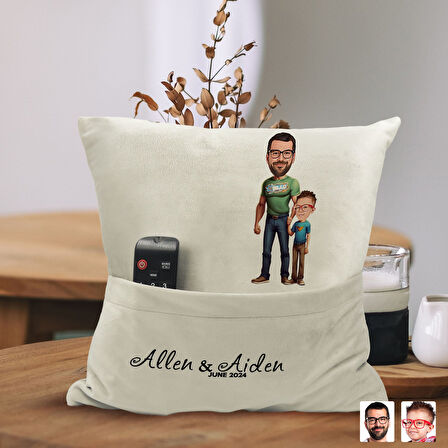 BK Gift Kişiye Özel Baba Oğul Karikatür Tasarımlı Organizer Kumanda ve Atıştırmalık Cepli Sarı Kırle