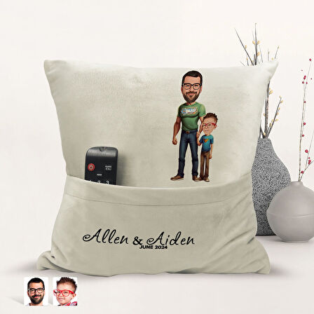 BK Gift Kişiye Özel Baba Oğul Karikatür Tasarımlı Organizer Kumanda ve Atıştırmalık Cepli Sarı Kırle