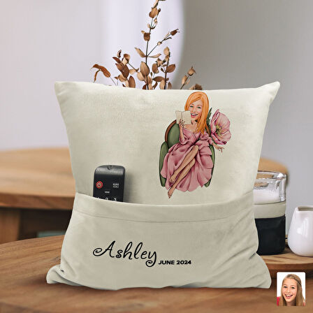 BK Gift Kişiye Özel Kadın Karikatür Tasarımlı Organizer Kumanda ve Atıştırmalık Cepli Sarı Kırlent Y