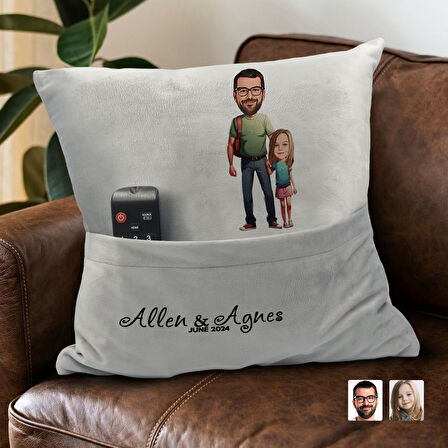 BK Gift Kişiye Özel Baba Kız Karikatür Tasarımlı Organizer Kumanda ve Atıştırmalık Cepli Gri Kırlent