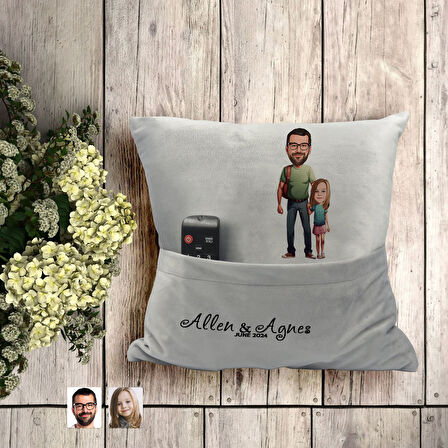 BK Gift Kişiye Özel Baba Kız Karikatür Tasarımlı Organizer Kumanda ve Atıştırmalık Cepli Gri Kırlent