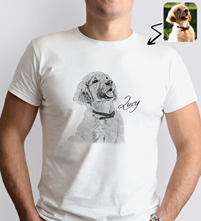 BK Gift Kişiye Özel Karakalem Evcil Hayvan Tasarımlı Erkek Beyaz Tişört-1, Sevgiliye Hediye, Arkadaşa Hediye, Trend T-Shirt