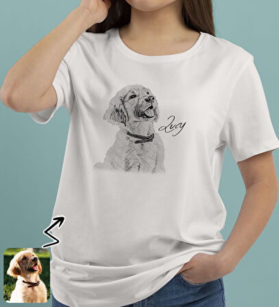 BK Gift Kişiye Özel Karakalem Evcil Hayvan Tasarımlı Kadın Beyaz Tişört-1, Sevgiliye Hediye, Arkadaşa Hediye, Trend T-Shirt