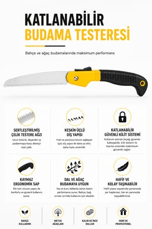 Budama Testeresi Katlanabilir Kilitli Mekanizmalı Ergonomik Saplı Keskin Çelik El Testeresi Dal ve Ağaç Budama Testeresi