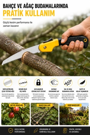 Budama Testeresi Katlanabilir Kilitli Mekanizmalı Ergonomik Saplı Keskin Çelik El Testeresi Dal ve Ağaç Budama Testeresi