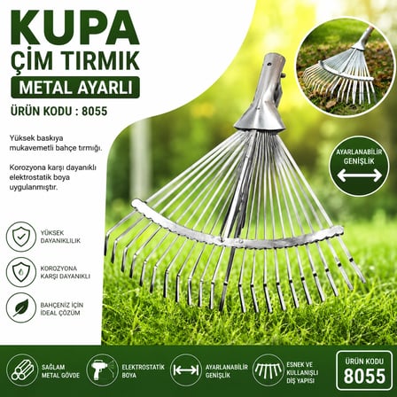 Metal Ayarlı Çim Tırmığı Kırılmaz Gövde Yaylı Dişler Extra Güçlü Kup:8055