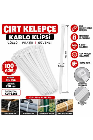 Beyaz Cırt Kelepçe Kablo Klipsi Kalınlık : 8.0 mm Uzunluk : 750 mm Kalın Cırt Kelepçe 100 Adet