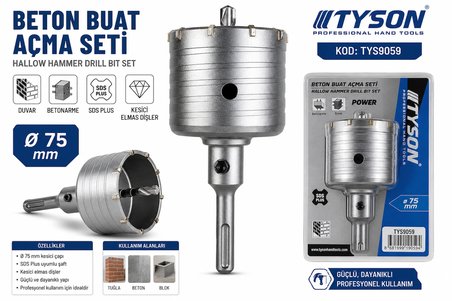 Beton Buat Açma Seti 75 mm Kesici Elmas Dişler Sds Plus Duvar Açma Beton Panç Seti Kod : Tys9059