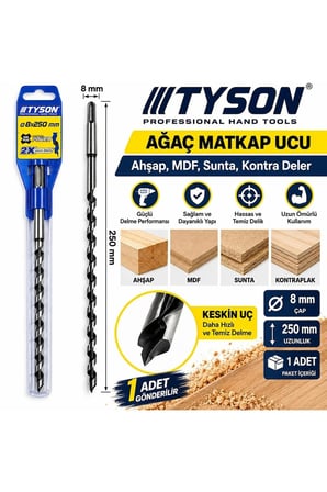 Tyson Ağaç Ahşap Matkap Delici Ucu Mdf Ahşap Sunta Kontra Deler 8 X 250 mm