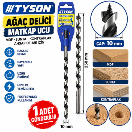Ağaç Ahşap Delici Matkap Ucu Mdf Sunta Kontraplak 10 X 250 mm 1 Adet Gönderilir