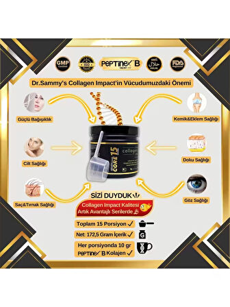 Dr. Sammy's Kolajen 10.000 Mg Tip 1-3 %100 Saf Patentli Hidrolize Sığır Kolajeni, 150MG Hyaluronik Asit, 500 Mg Vitamin C, 200 Mg Glutatyon, 25MG Resveratrol, 100 Mg Elastin, Core 15 Diyet Takviyesi