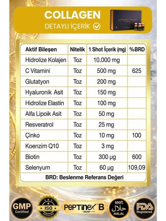 Dr. Sammy's Kolajen 10.000 mg Tip 1-3 %100 Saf Patentli Hidrolize Sığır Kolajeni, 150mg Hyaluronik Asit, 500 mg Vitamin C, 200 mg Glutatyon, 25mg Resveratrol, 100 mg Elastin, Collagen Diyet Takviyesi