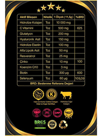 Dr. Sammy's Kolajen 10.000 Mg Tip 1-3 %100 Saf Patentli Hidrolize Sığır Kolajeni, 150MG Hyaluronik Asit, 500 Mg Vitamin C, 200 Mg Glutatyon, 25MG Resveratrol, 100 Mg Elastin, Prime 30 Diyet Takviyesi
