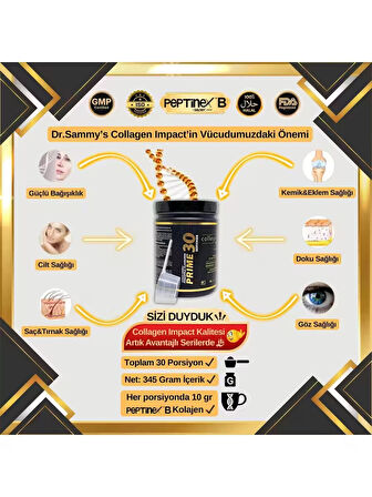 Dr. Sammy's Kolajen 10.000 Mg Tip 1-3 %100 Saf Patentli Hidrolize Sığır Kolajeni, 150MG Hyaluronik Asit, 500 Mg Vitamin C, 200 Mg Glutatyon, 25MG Resveratrol, 100 Mg Elastin, Prime 30 Diyet Takviyesi