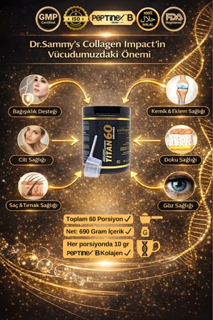 Dr. Sammy's Kolajen 10.000 Mg Tip 1-3 %100 Saf Patentli Hidrolize Sığır Kolajeni, 150MG Hyaluronik Asit, 500 Mg Vitamin C, 200 Mg Glutatyon, 25MG Resveratrol, 100 Mg Elastin, Titan 60 Diyet Takviyesi