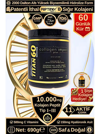 Dr. Sammy's Kolajen 10.000 Mg Tip 1-3 %100 Saf Patentli Hidrolize Sığır Kolajeni, 150MG Hyaluronik Asit, 500 Mg Vitamin C, 200 Mg Glutatyon, 25MG Resveratrol, 100 Mg Elastin, Titan 60 Diyet Takviyesi