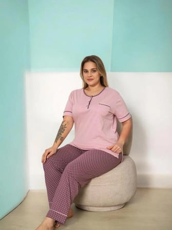 Gül kurusu Büyük Beden Kadın Pijama Takımı Kısa kollu penye 4442672Ev2t^#1