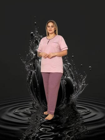 Gül kurusu Büyük Beden Kadın Pijama Takımı Kısa kollu penye 4442672Ev2t^#1