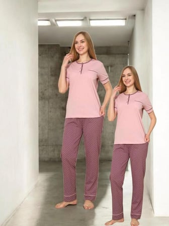 Gül kurusu Pijama Takımı  Puantiyeli Kısa Kollu Penye 4442672KJ489