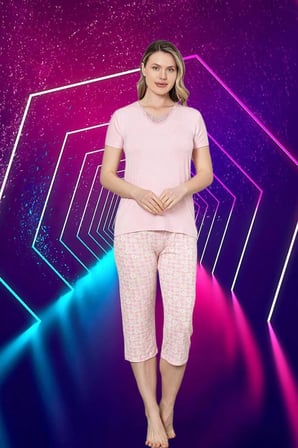 Pembe Pijama Takımı Kapri Likralı Viskon 4442852009wep4